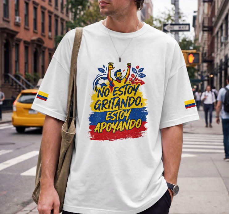 T-Shirt — "No Estoy Gritando, Estoy Apoyando" Colombian Pride Fan Tee, camiseta con banderas de Colombia